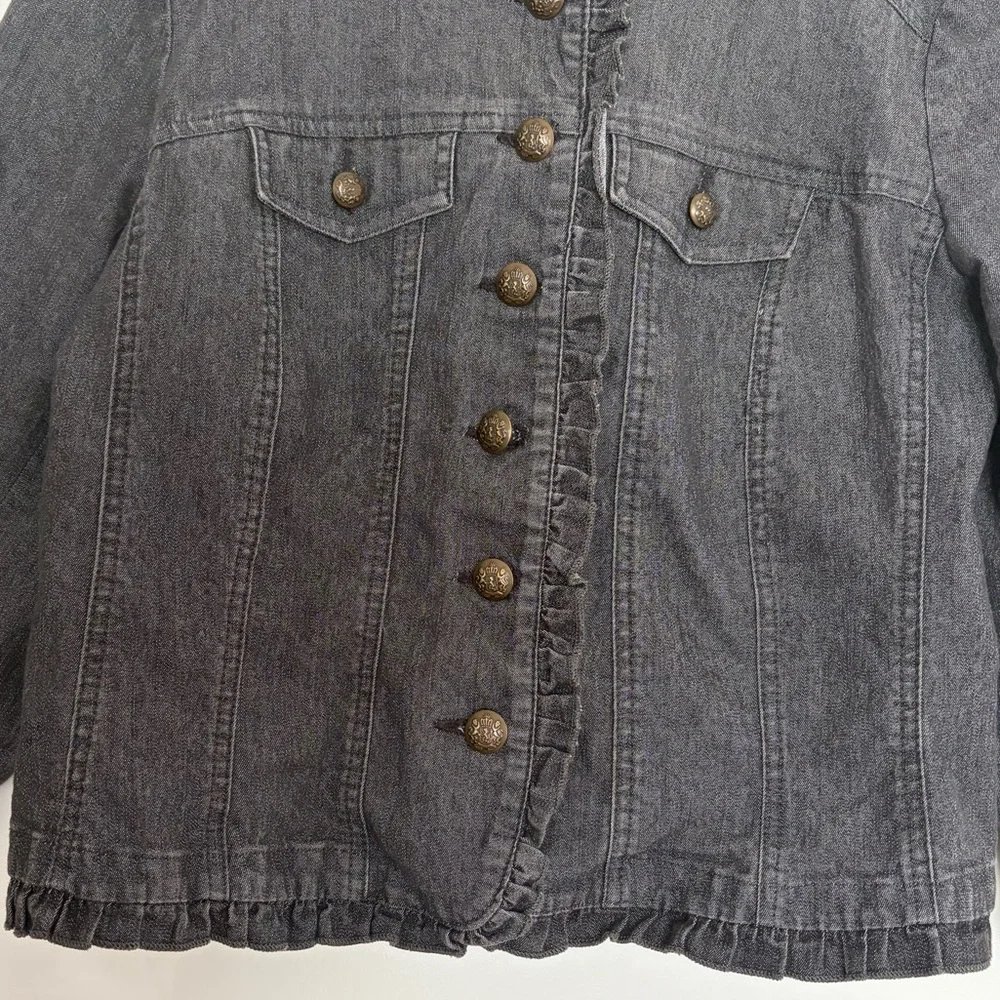 Sandro Black Denim Jacket Ruffle Button Up Shacket Cotton Casual Military Sz S